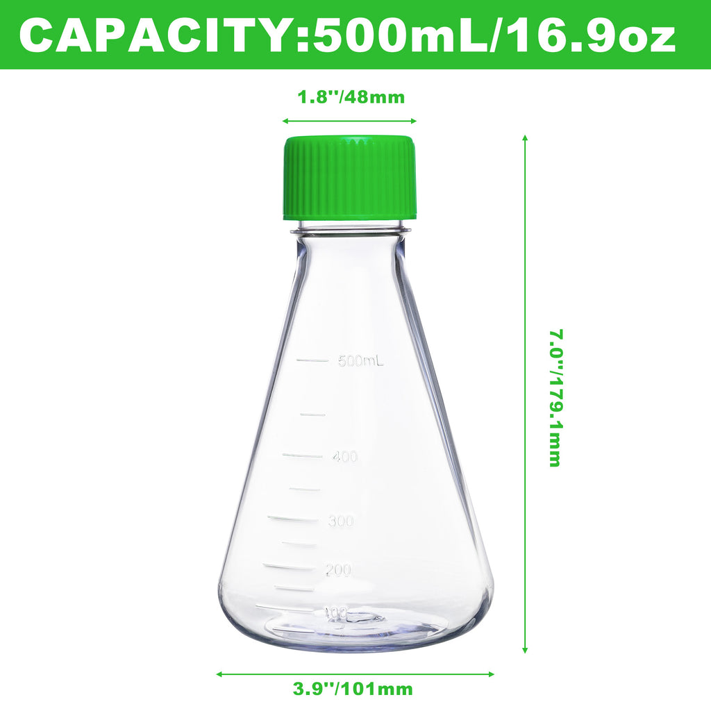 Biologix® 500mL Erlenmeyer Shake Flask, Vent Cap (Green), 1 Pc/Bag, 12 Bags/Case