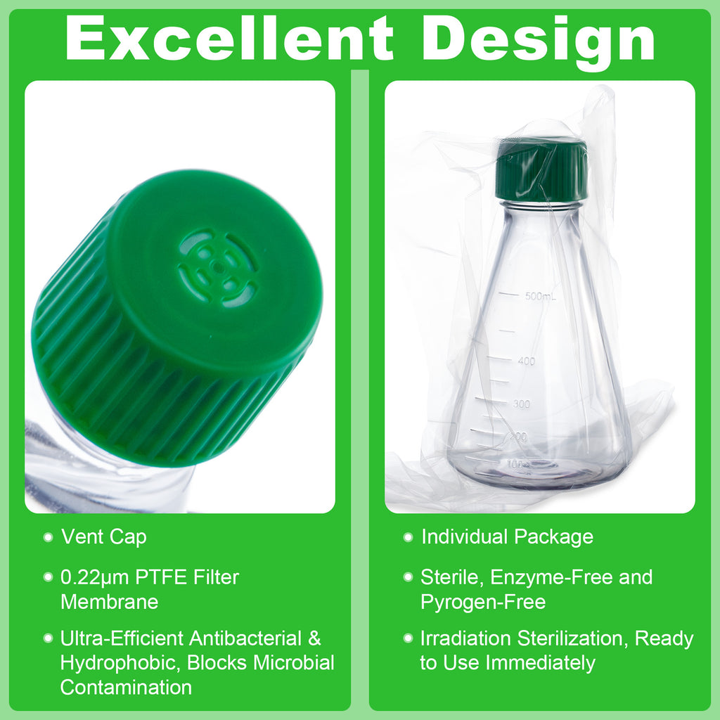 Biologix® 500mL Erlenmeyer Shake Flask, Vent Cap (Green), 1 Pc/Bag, 12 Bags/Case