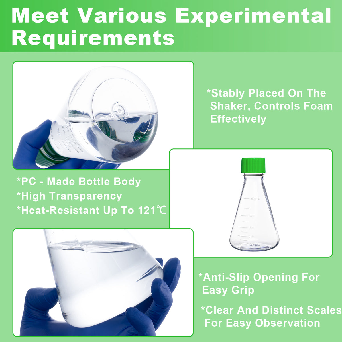 Biologix® 500mL Erlenmeyer Shake Flask, Vent Cap (Green), 1 Pc/Bag, 12 Bags/Case