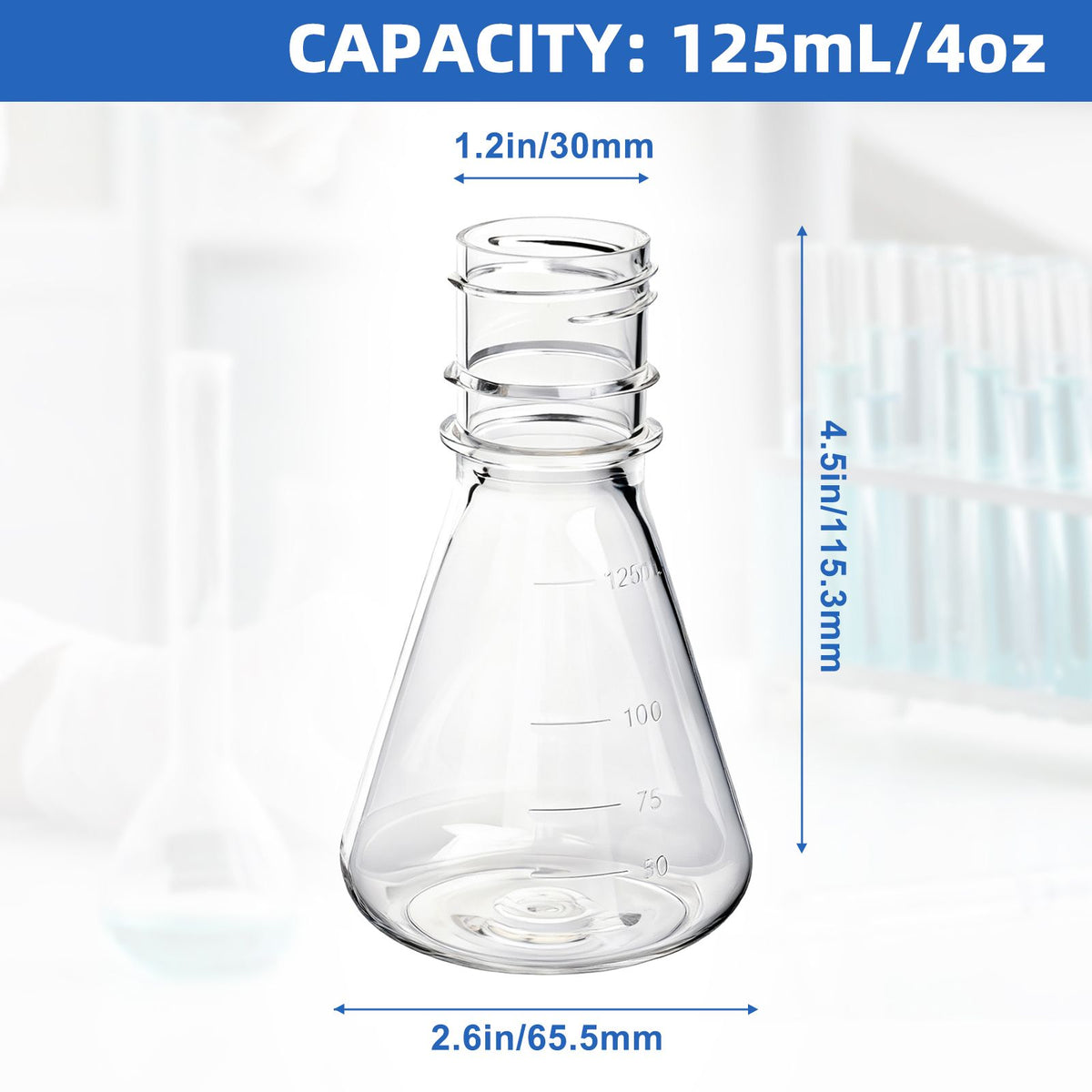 Biologix® 125ml Bacterial Culture Erlenmeyer Flasks, PC material, flat bottom, 24 Pcs/Case