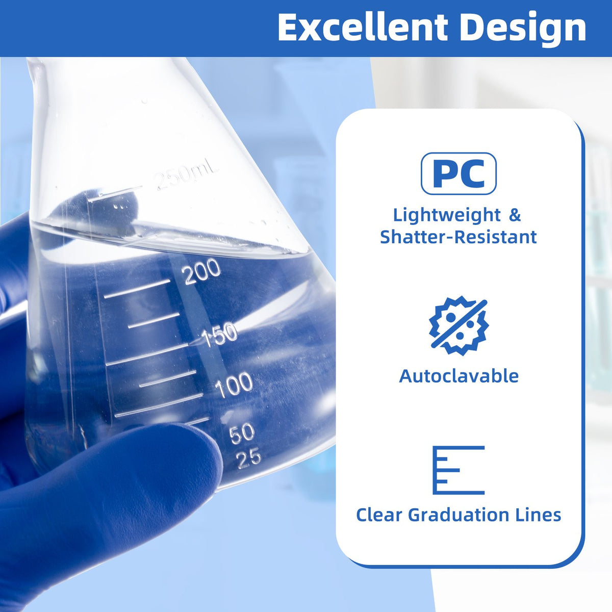 Biologix® 250ml Bacterial Culture Erlenmeyer Flasks, PC material, 12 Pcs/Case