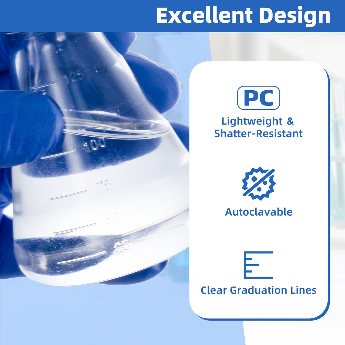 Biologix® 125ml Bacterial Culture Erlenmeyer Flasks, PC material, flat bottom, 24 Pcs/Case