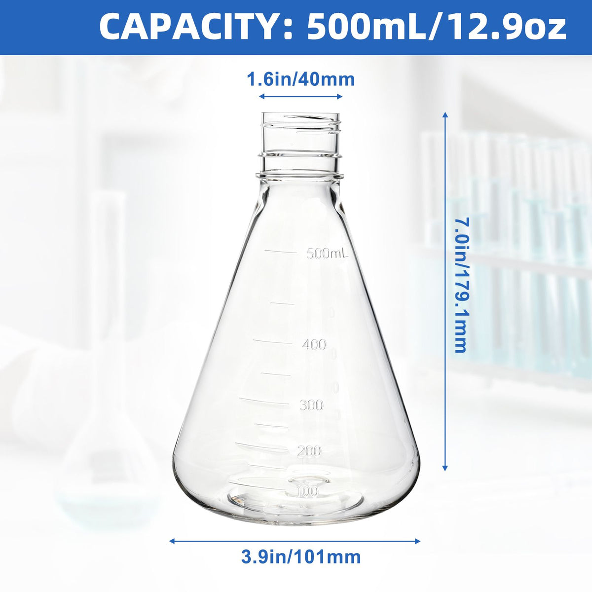 Biologix® 500ml Bacterial Culture Erlenmeyer Flasks, PC material, flat bottom, 12 Pcs/Case
