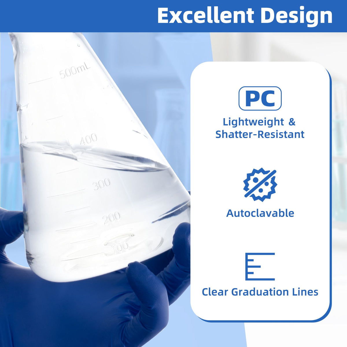 Biologix® 500ml Bacterial Culture Erlenmeyer Flasks, PC material, flat bottom, 12 Pcs/Case