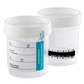 Globe Scientific 6236 sterile 90 mL wide-mouth drug test container with white screw cap, ID label and thermometer strip