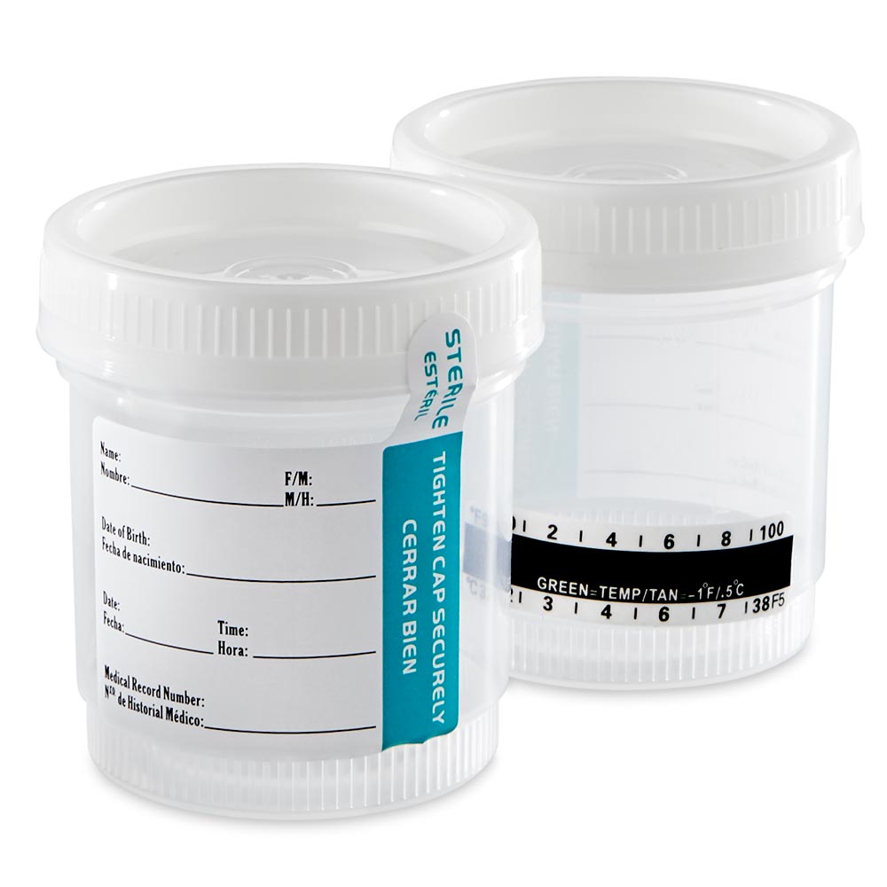 Globe Scientific 6236 sterile 90 mL wide-mouth drug test container with white screw cap, ID label and thermometer strip