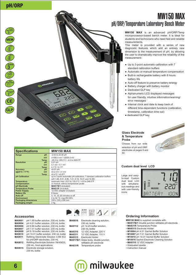 Milwaukee MW150 Max pH/ORP/Temp Bench Meter