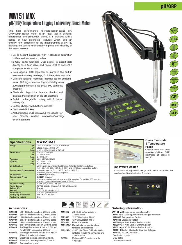 Milwaukee MW151 Max Combined pH/ORP/Temp Logging Bench Meter