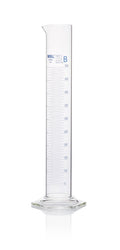Scilabware MBL Class B measuring cylinder with spout and blue graduations