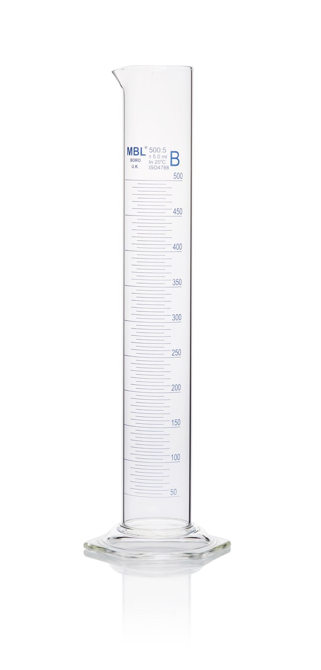 Scilabware MBL Class B measuring cylinder with spout and blue graduations