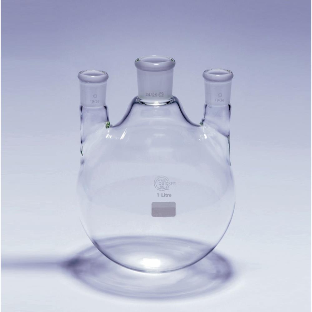 Quickfit three-neck round-bottom flask with angled side necks