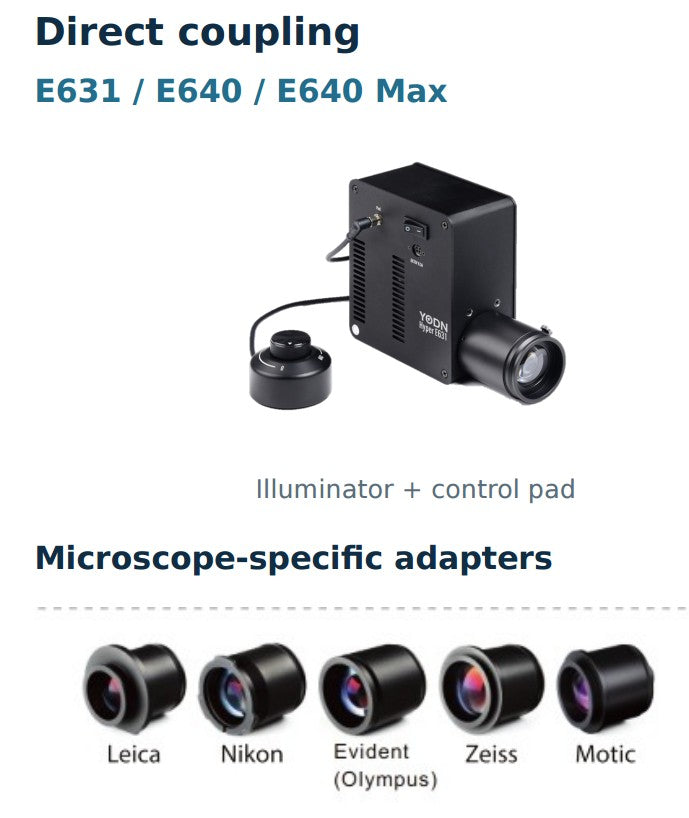 Hyper E640 Max direct-coupled illuminator, control pad and microscope-specific adapters