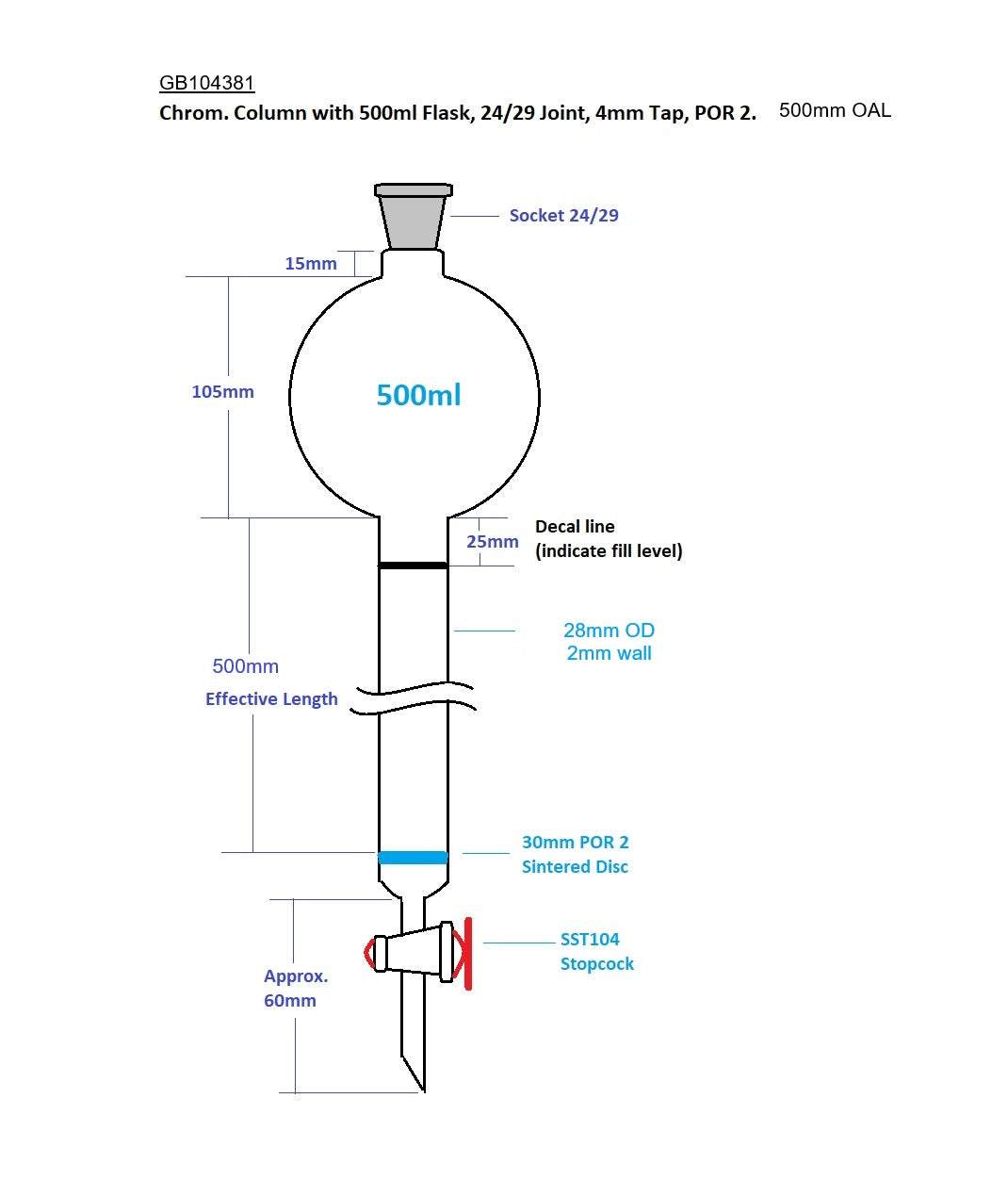 Yorlab chromatography column with reservoir flask drawing